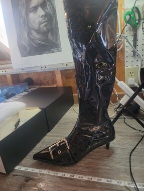 WeWoreWhat‎ NEW IN BOX Knee High Buckle Boot Black 38 39 Stretch Patent Dustbag